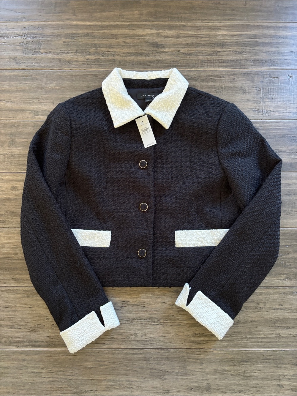 Ann Taylor Black Cropped Bouclé Jacket with Cream Trim